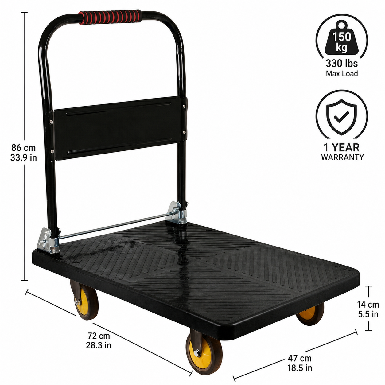 Carrinho Plataforma de Carga Dobrável Industrial 400kg em Aço Carbono com Rodas PU